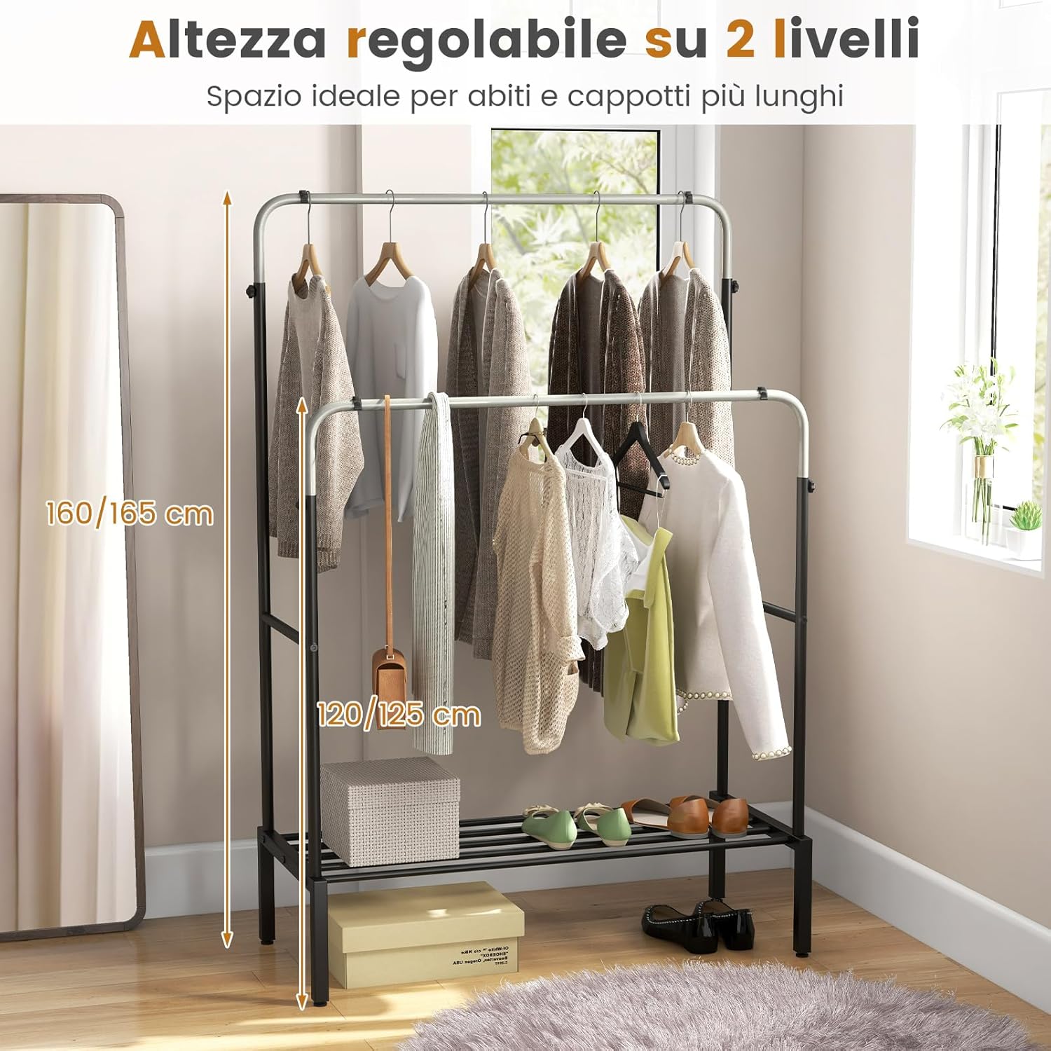 Stand Appendiabiti in Metallo, Doppio Asta Appendiabiti con Altezze Regolabili, Porta Abiti per Camera da Letto, 108x50x120/125 cm
