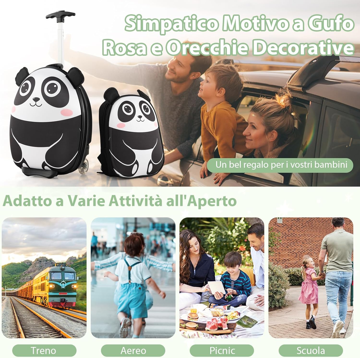2 Pezzi Valigia per Bambini con Maniglia Retrattile + Zaino Bagaglio a Mano, con ruote girevoli a 360 ° (panda)