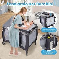 3-in-1 Lettino da Campeggio per Bambini, Lettino Portatile per Neonati con Fasciatoio, Culla Pieghevole con Materasso e Borsa da Trasporto, 2 Ruote Bloccabili, per Bambini 0-36 Mesi