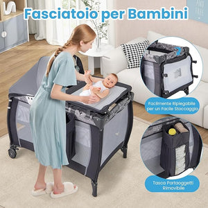 3-in-1 Lettino da Campeggio per Bambini, Lettino Portatile per Neonati con Fasciatoio, Culla Pieghevole con Materasso e Borsa da Trasporto, 2 Ruote Bloccabili, per Bambini 0-36 Mesi