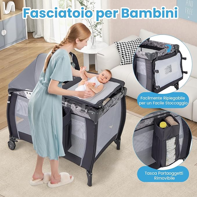3-in-1 Lettino da Campeggio per Bambini, Lettino Portatile per Neonati con Fasciatoio, Culla Pieghevole con Materasso e Borsa da Trasporto, 2 Ruote Bloccabili, per Bambini 0-36 Mesi