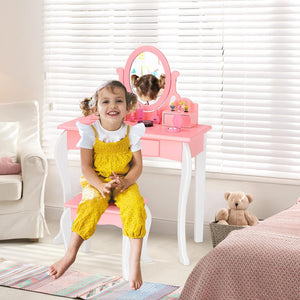 Toeletta Trucco con Sgabello per Bambini, Toeletta Trucco Bambina con Specchio Girevole a 360° e 3 Cassetti, 2-in-1 Postazione Trucco, 3+ Anni (Rosa)