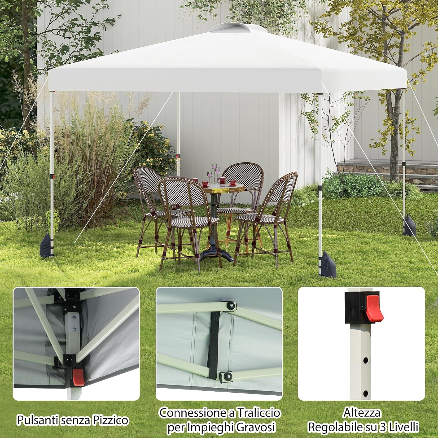 Gazebo Pieghevole 3 x 3 m, Gazebo da Esterno con Borsa con Ruote, Picchetti, Ancoraggi, Corde del Vento, Sacchi di Sabbia e Copertura Ventilata, Tendone Impermeabile per Feste (Bianco)