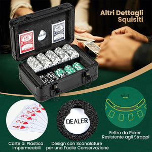 Set da Poker Completo con 300 Finches e 2 Mazzi di Poker, Valigetta in Alluminio a 2 Chiavi con Tappetino e Bottone Dealer, Fish Poker per Texas Holdem e Blackjack