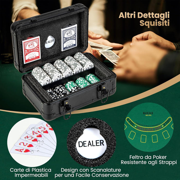 Set da Poker Completo con 300 Finches e 2 Mazzi di Poker, Valigetta in Alluminio a 2 Chiavi con Tappetino e Bottone Dealer, Fish Poker per Texas Holdem e Blackjack