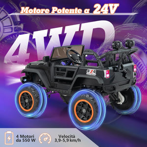 24V Macchina per Bambini con Telecomando, Auto Elettrica per Bambini 2 Posti, con Musica Storie USB, Partenza Lenta, Velocità 3,9-5,9 km/h, 3+ Anni (Nero)