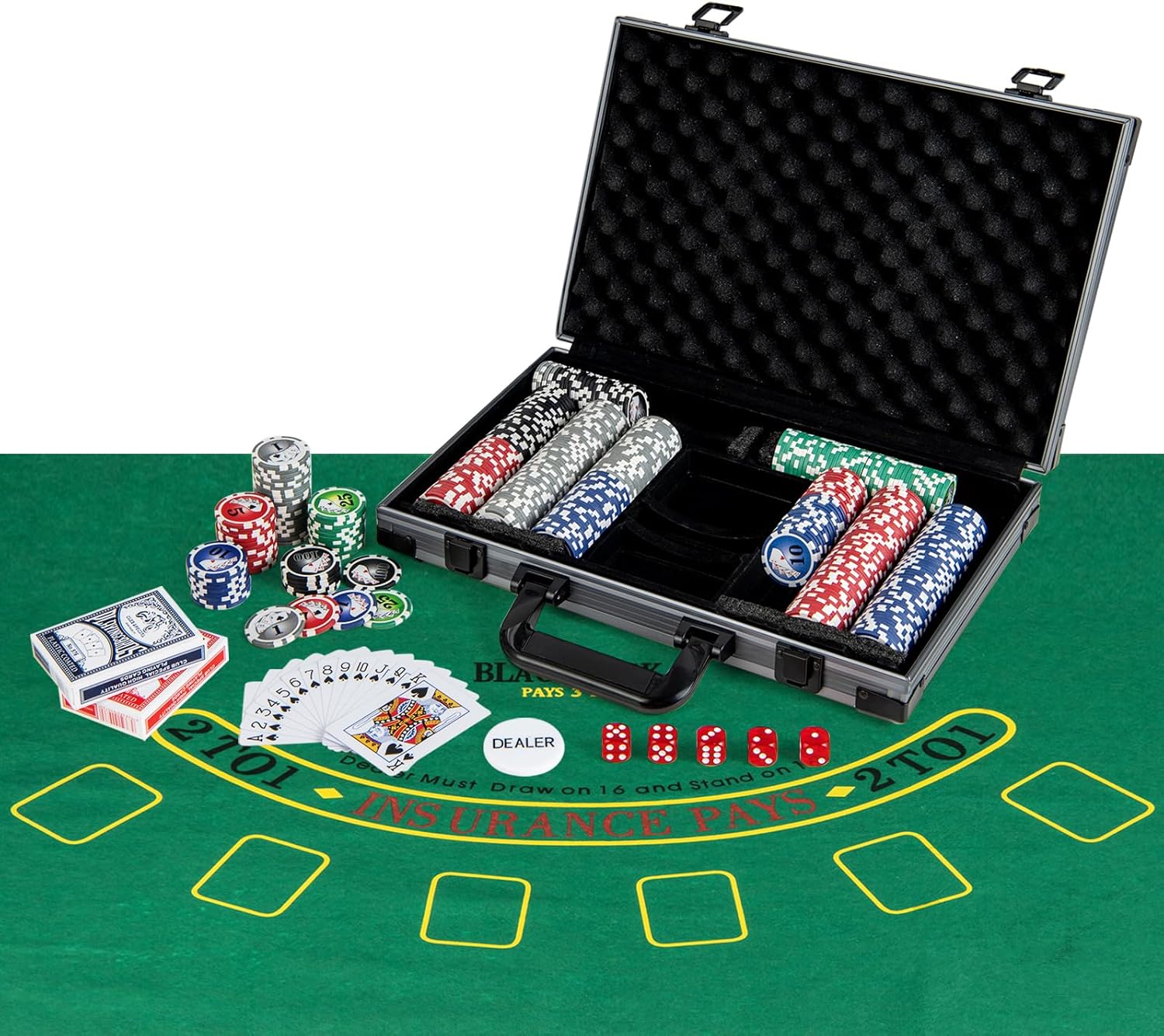 Set da Poker Completo con 400 Finches e 2 Mazzi di Poker, Valigetta in Alluminio con Tappetino, 5 Dadi e Bottone Dealer, Fish Poker per Texas Holdem e Blackjack