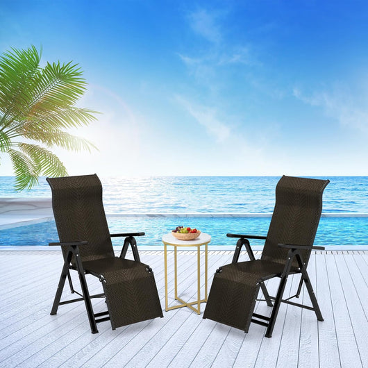 Sedie Pieghevoli e Reclinabili in Rattan, Chaise Longue Portatile con Schienale Regolabile, Sedia a Sdraio da Esterno con Braccioli Ampi, Struttura in Acciaio, per Interno ed Esterno (2)