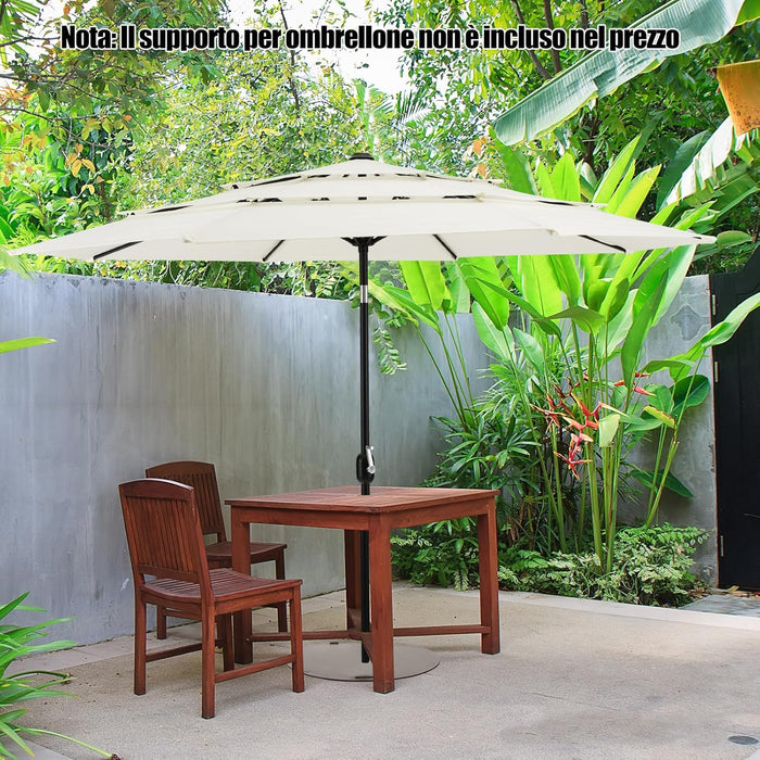 Ombrellone da Giardino 293 cm a 3 Livelli, Ombrellone da Esterno con Doppia Ventilazione, Inclinazione Regolabile, con Manovella 8 Stecche, Ombrellone da Spiaggia Giardino Piscina (Beige)
