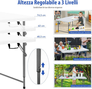 Tavolo Pieghevole, Tavolo da Picnic Portatile con Altezza Regolabile a 3 Livelli e Maniglia, Utilizzabile all’Interno ed all’Esterno, Ideale per Campeggio, Matrimonio e Festa