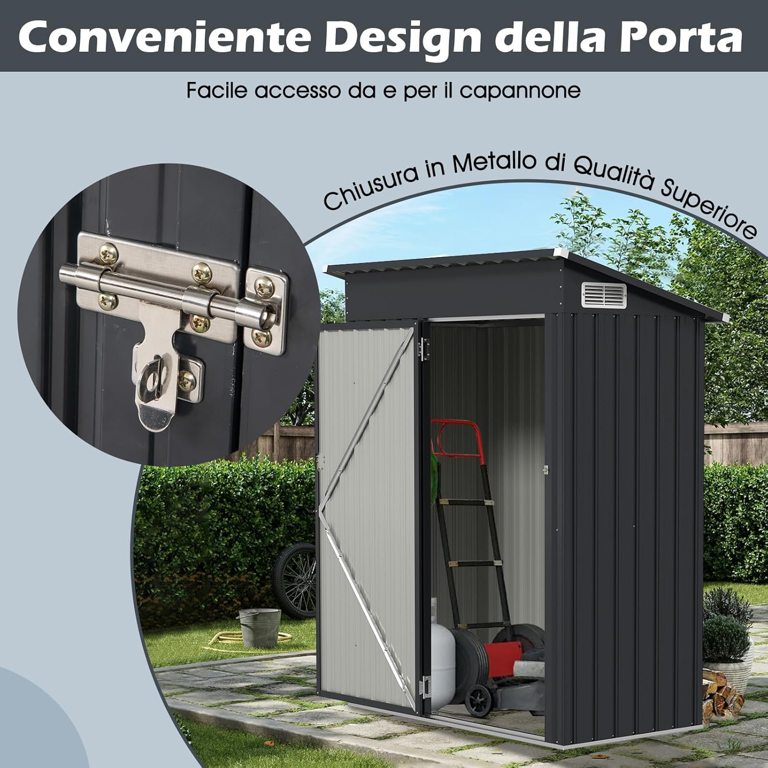 Casetta da Giardino, Capanno da Esterno con Design a Tetto Inclinato, Venti d'Aria, Struttura in Metallo Zincato, Armadio da Giardino, Cortile, Prato e Patio (Grigio Scuro)
