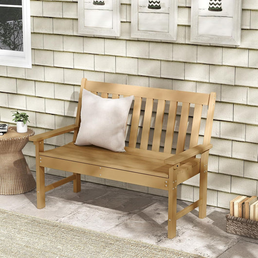 Panchina da Esterno, Panca da Giardino in HDPE Resistente con Schienale e Braccioli, Panchina da Parco, Balcone, Spogliatoio e Cortile, 132 x 65 x 91 cm (Naturale)