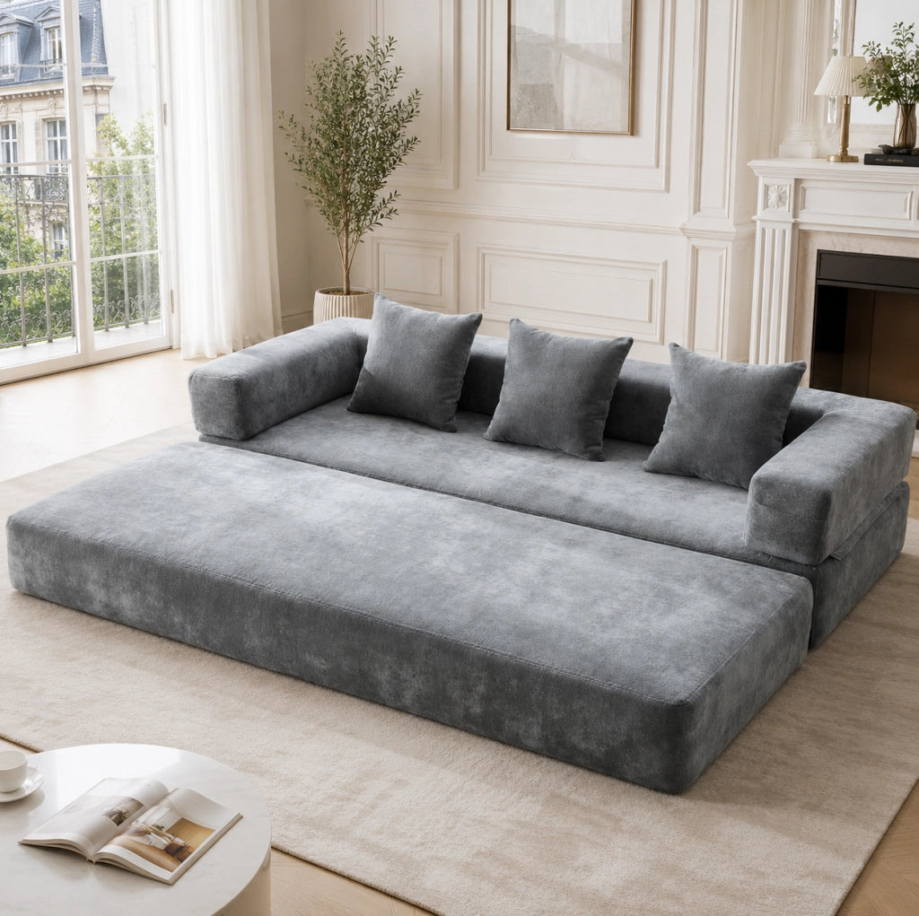 Divano modulare in chenille grigio scuro; con tasche laterali; base antiscivolo; 198x79x60 cm