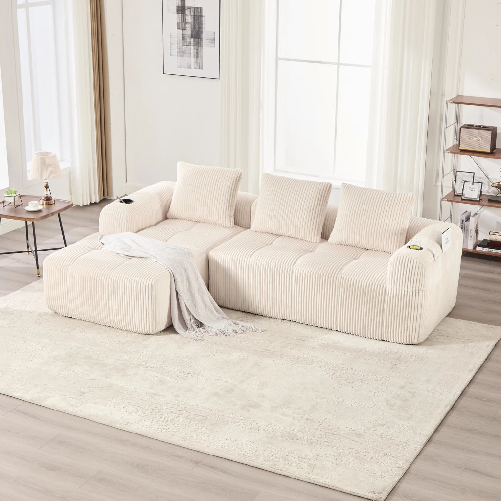 Divano modulare in velluto a coste con tasche laterali, portabicchieri e 3 cuscini, beige 253 × 158 × 61 cm