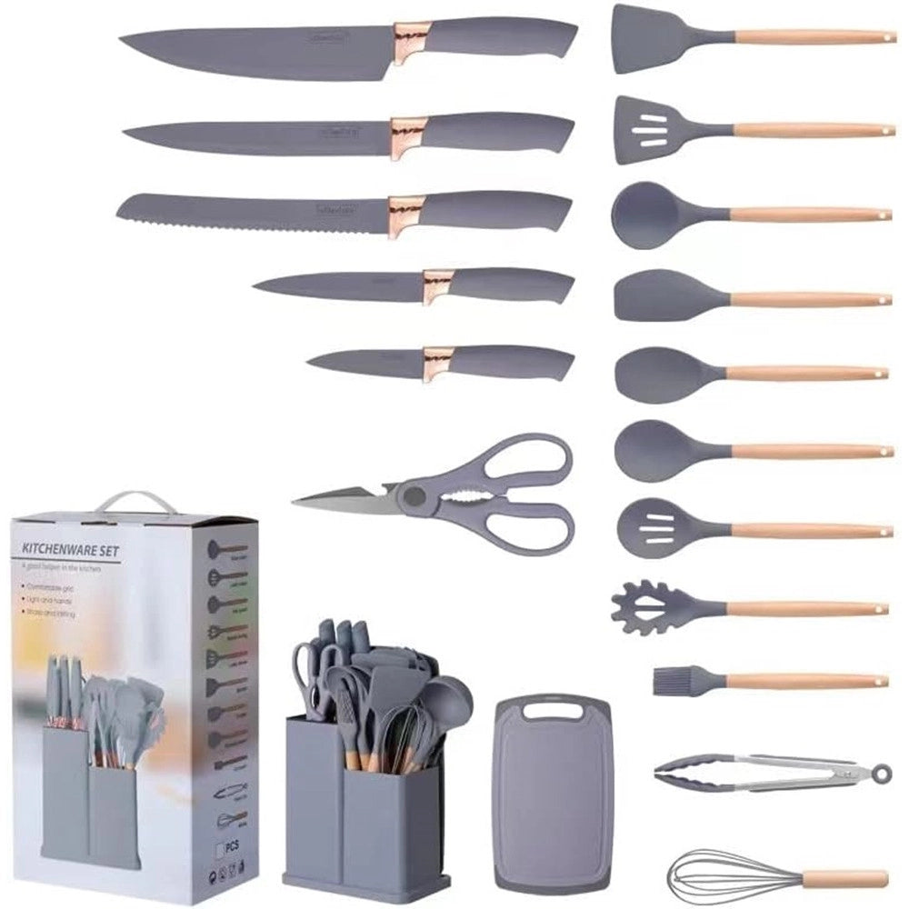 Trade Shop - Set Di Utensili Coltelli Da Cucina Da Chef Da 19 Pezzi In Silicone Con Manico In Legno -