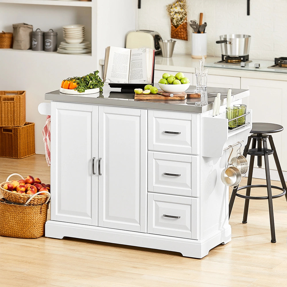 SoBuy | Isola cucina pieghevole in bianco | Carrello cucina a 4 ruote | Cucina a penisola con 2 porte | 128.0x71.0x91.0 cm | Capacità di carico 94 kg | FKW41-II-ST