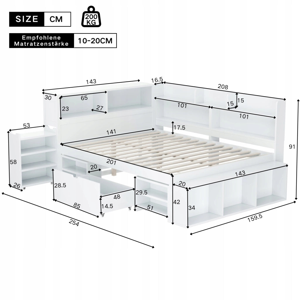Letto singolo per bambini - Xylo - 140x200 - Bianco - Con cassetti e ripiani