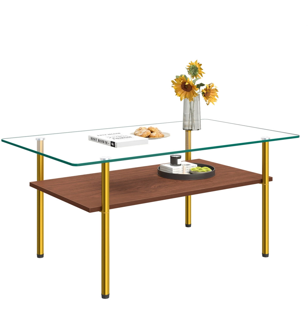Tavolino da caffè 98x58x45 cm con piano in vetro e ripiano in MDF; struttura in metallo; marrone oro
