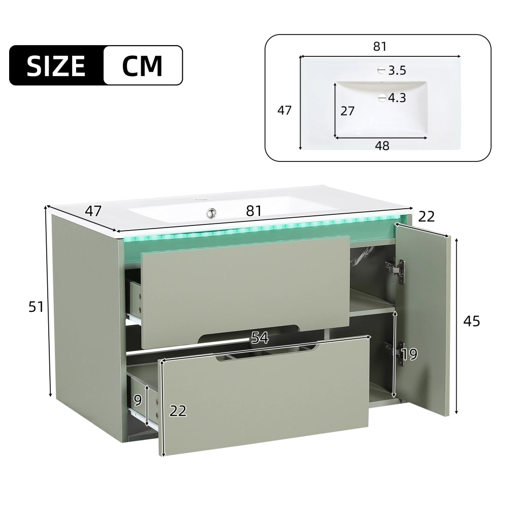 Mobile bagno sospeso 81 cm verde con lavabo in ceramica e luci LED