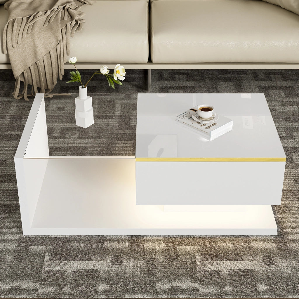 Tavolino Da Caffè 90 cm con Piano in Vetro e LED 16 Colori; Vani a Giorno; Bianco Lucido; 90×50×32;5 cm