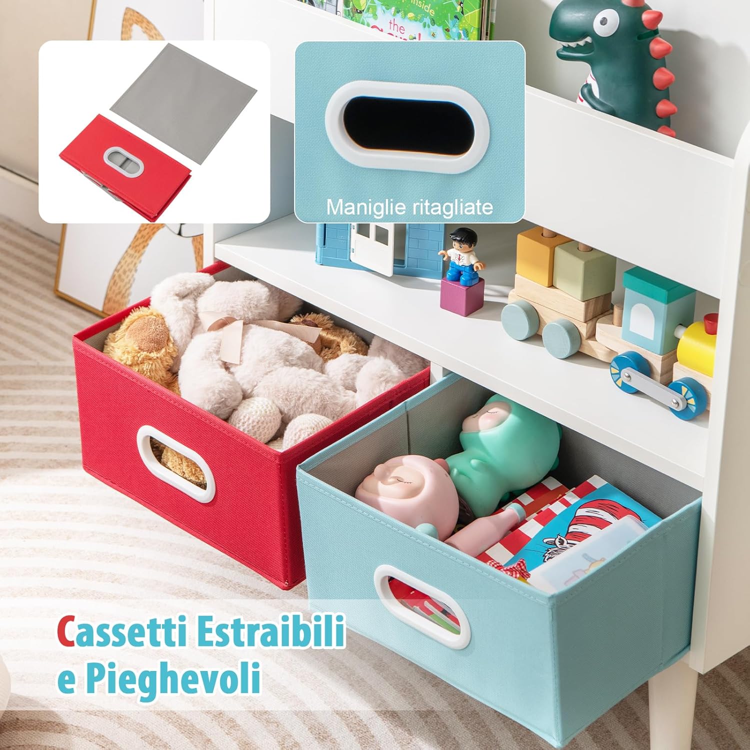 Libreria per Bambini, Scaffale in Legno per Bambini con 3 Ripiani, Scomparto Aperto e 2 Cassetti in Tessuto Pieghevoli, Organizzatore per Giocattoli, 63x30x97 cm (Bianco)