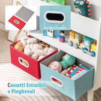 Libreria per Bambini, Scaffale in Legno per Bambini con 3 Ripiani, Scomparto Aperto e 2 Cassetti in Tessuto Pieghevoli, Organizzatore per Giocattoli, 63x30x97 cm (Bianco)