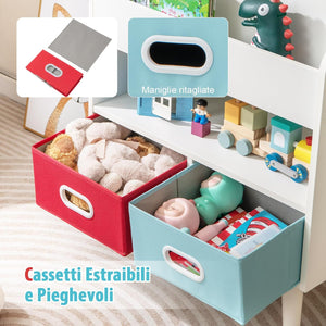 Libreria per Bambini, Scaffale in Legno per Bambini con 3 Ripiani, Scomparto Aperto e 2 Cassetti in Tessuto Pieghevoli, Organizzatore per Giocattoli, 63x30x97 cm (Bianco)