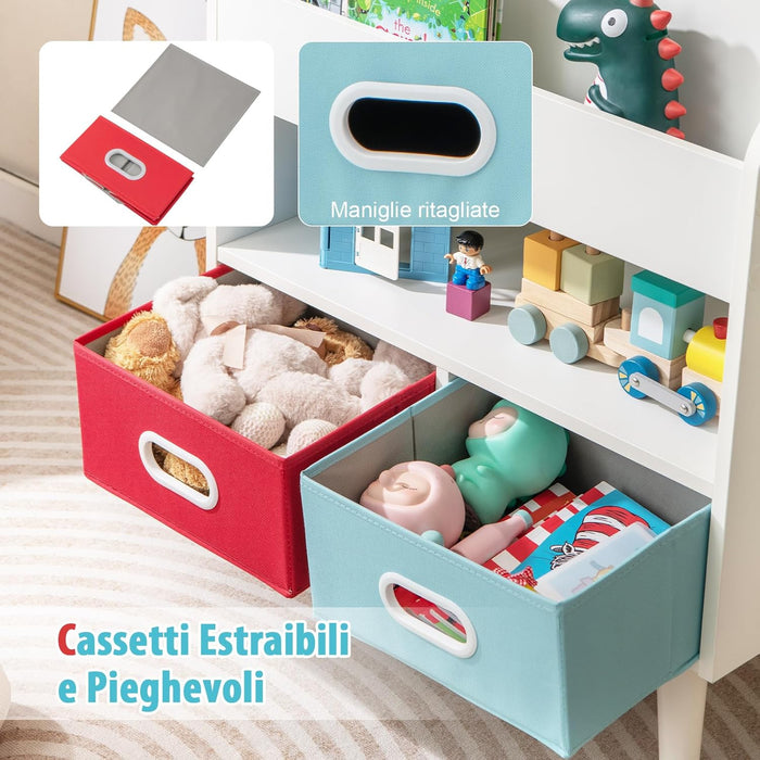 Libreria per Bambini, Scaffale in Legno per Bambini con 3 Ripiani, Scomparto Aperto e 2 Cassetti in Tessuto Pieghevoli, Organizzatore per Giocattoli, 63x30x97 cm (Bianco)