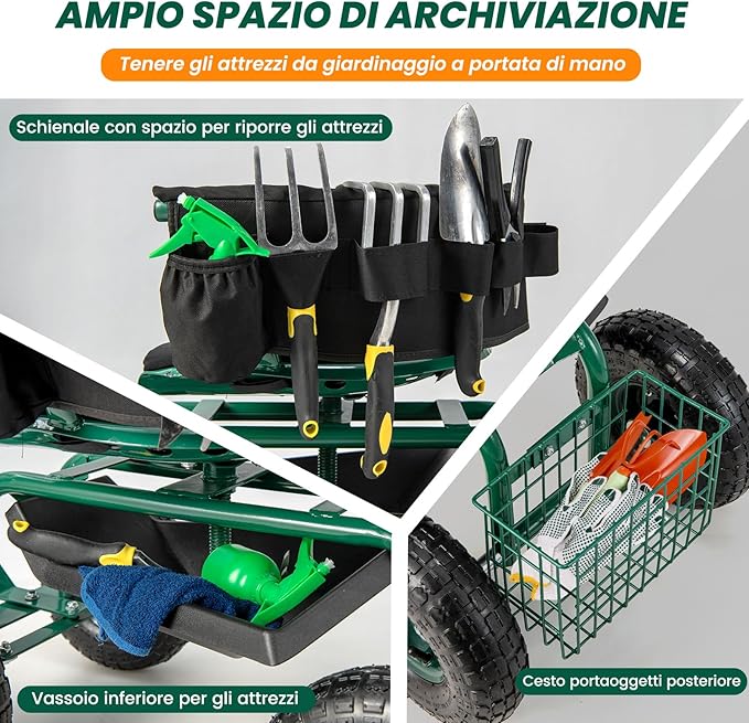 Sgabello per Giardinaggio con Ruote, Carrello da Giardino Regolabile in Altezza con Sedile Girevole a 360, Cuscino, 2 Maniglie di Sterzo e Vassoio Porta Utensili