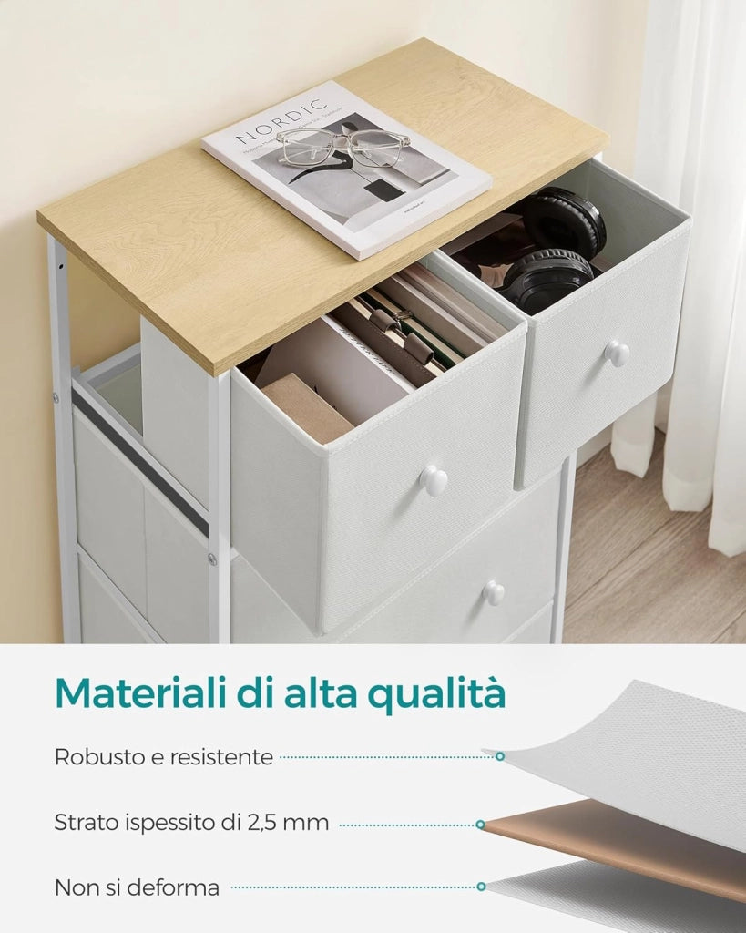 SONGMICS Cassettiera, Mobiletto con 5 Cassetti in Tessuto, Piano e Fronte in Truciolato, Credenza, Camera da Letto Soggiorno Ingresso Cameretta, Bianco e Rovere LTS514W57