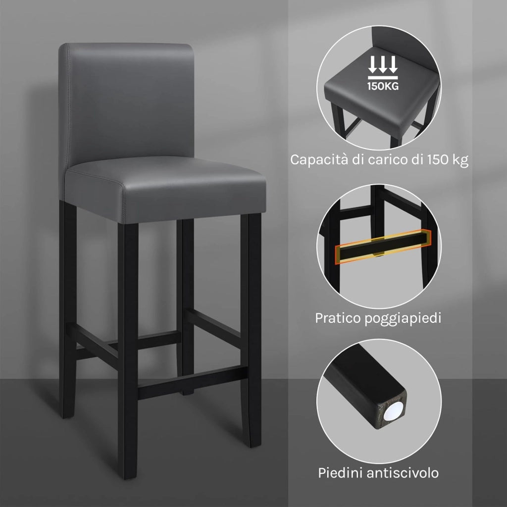 Sgabello da Bar con Schienale Poggiapiedi Sedie da Pranzo Imbottita Sedia Alta per Ristorante Cucina Legno+PVC Grigio 2 Pezzi