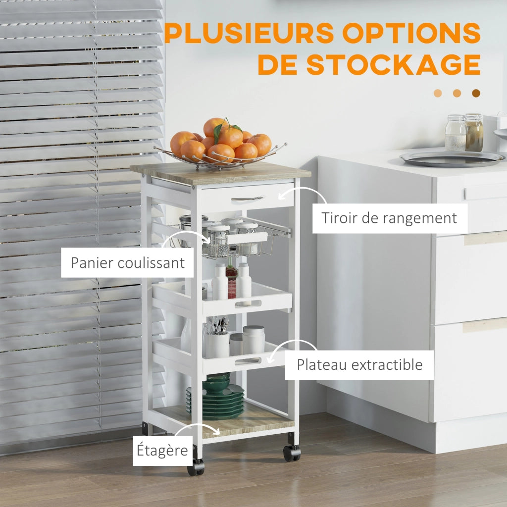 Carrello da cucina con ruote, cestino, 2 vassoi, cassetto, ripiano ¨C Minimal ¨C MDF quercia chiaro pino bianco