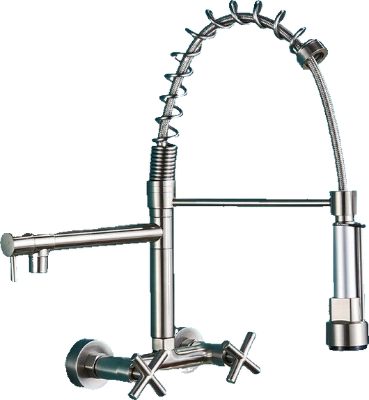 Bjorn | Rubinetto da parete gastronomia argent Rubinetto cucina professionale in acciaio inox con due doccette|doppio lavello da parete ristorante