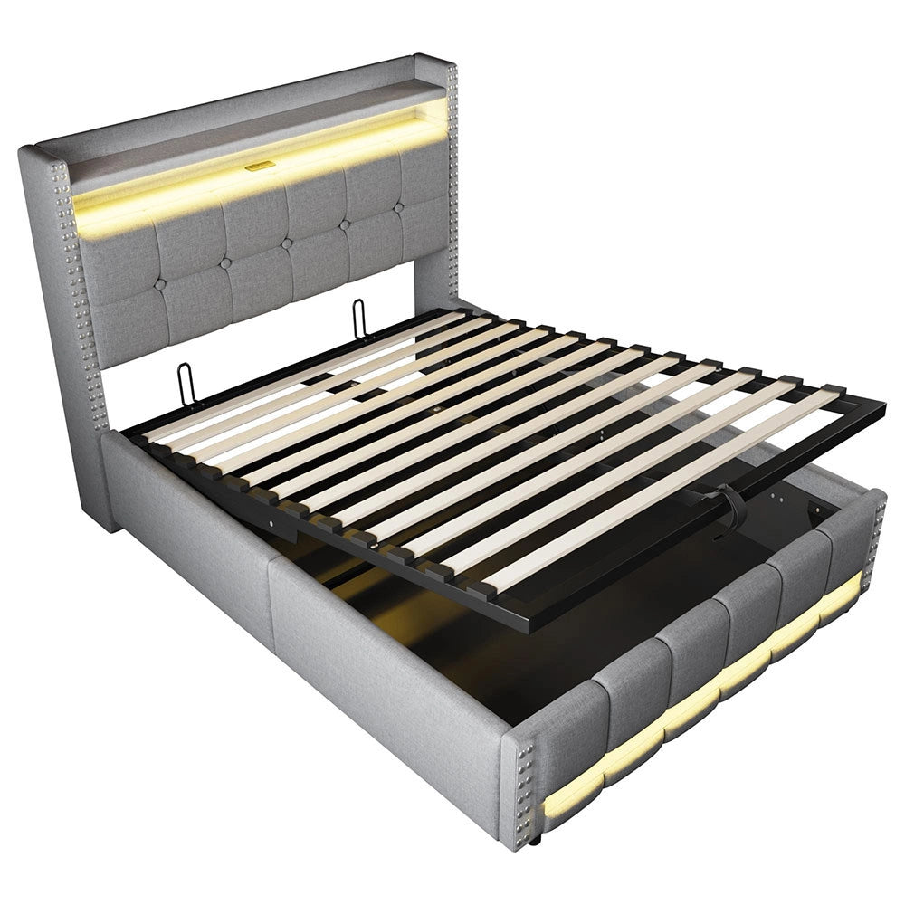 Letto matrimoniale-Xylo-140x200 cm-LED, USB, scaffale, idraulico, lino grigio