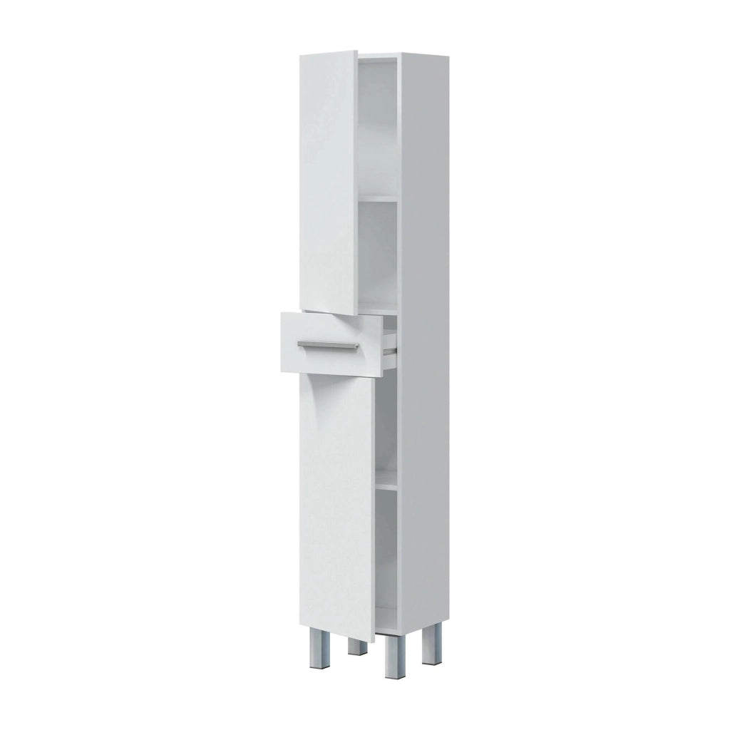 Colonna bagno Alka, Pensile bagno con 2 ante e 1 cassetto, Armadio alto, 35x31h182 cm, Bianco lucido
