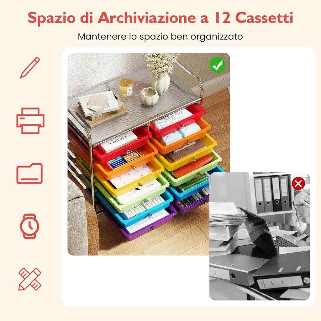 Carrello di Stoccaggio con 12 Cassetti, Carrello portaoggetti con 4 Ruote, Carrello Multiuso per Scuola Ufficio Cucina, 64 x 38 x 62 cm (12 cassetti Colorato)