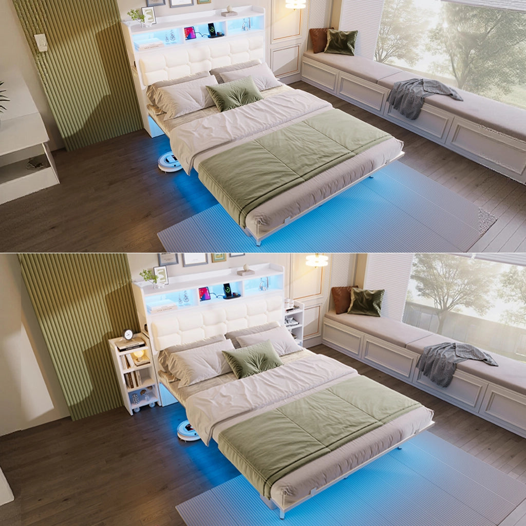 Letto matrimoniale 140 × 190 cm con LED, USB e Type-C, 2 comodini estraibili, senza materasso, in metallo, bianco