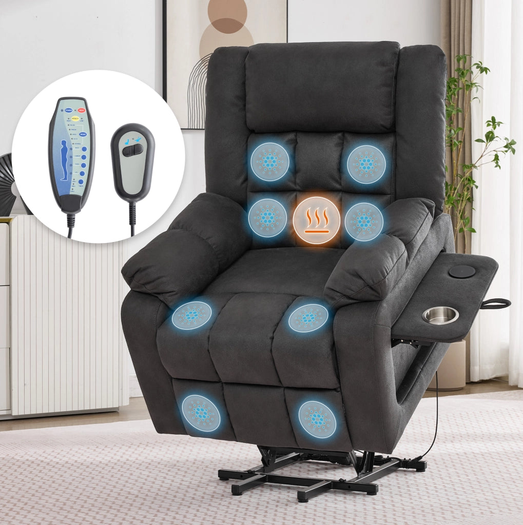 Poltrona Relax Elettrica con Funzione Alzapersone, Massaggio e Riscaldamento, Poggiapiedi, Tasche Laterali, Porta Bicchiere e Porte USB, Grigio