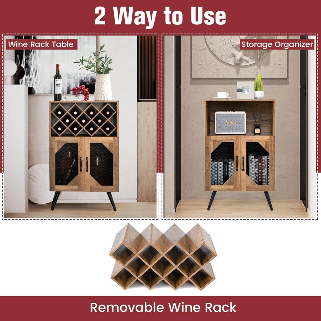 Credenza Cucina Industriale, Cantinetta Vino Legno con Ripiano Estraibile di Bottiglie, 2 Ante in Rete e Dispositivo Antiribaltamento, Mobile a Buffet, Bar, Marrone, 59,5 x 35 x 95,2 cm