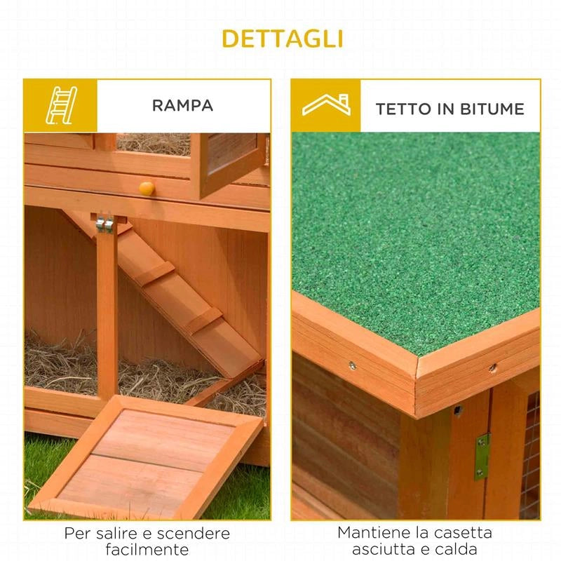 CONIGLIERA DA ESTERNO IN LEGNO CON CASETTA E RECINTO A 2 PIANI 122X48X100 CM