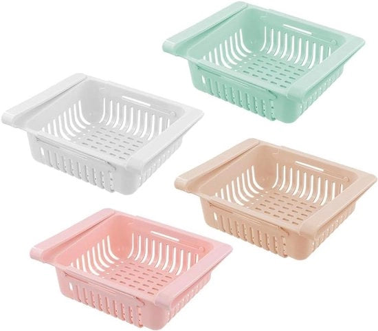 Organizzatore per Frigorifero con Cassetti Trasparenti e Accessori per la Pulizia in Blu, Bianco, Rosa e Beige