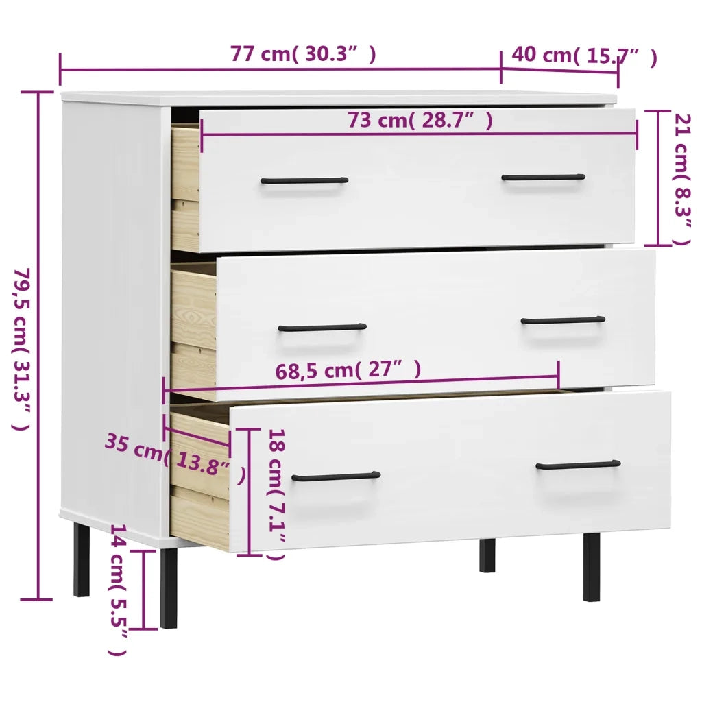 Credenza con 3 Cassetti Bianca 77x40x79,5cm Legno Massello OSLO 350981