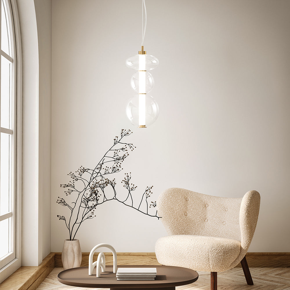 Sospensione Contemporanea Bubbles Alluminio Oro Vetro Trasparente Led 24W 3000K