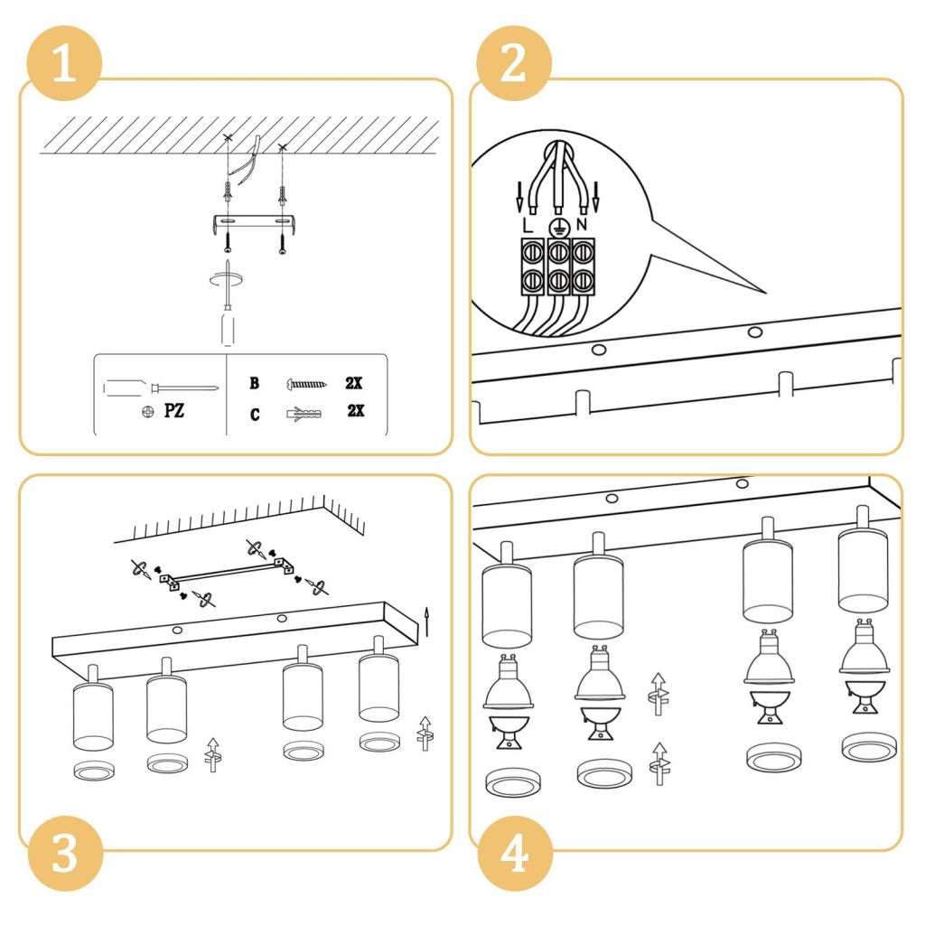 ZMH Faretto da soffitto 4 luci GU10 legno acrilico orientabili 350° per soggiorno