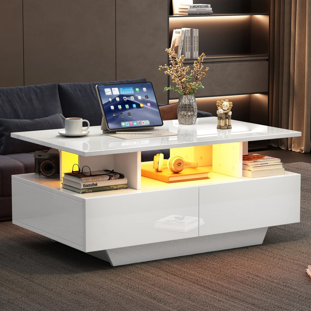 Tavolino basso con 2 cassetti e LED; finitura lucida; per soggiorno; 90 × 55 × 41 cm; bianco