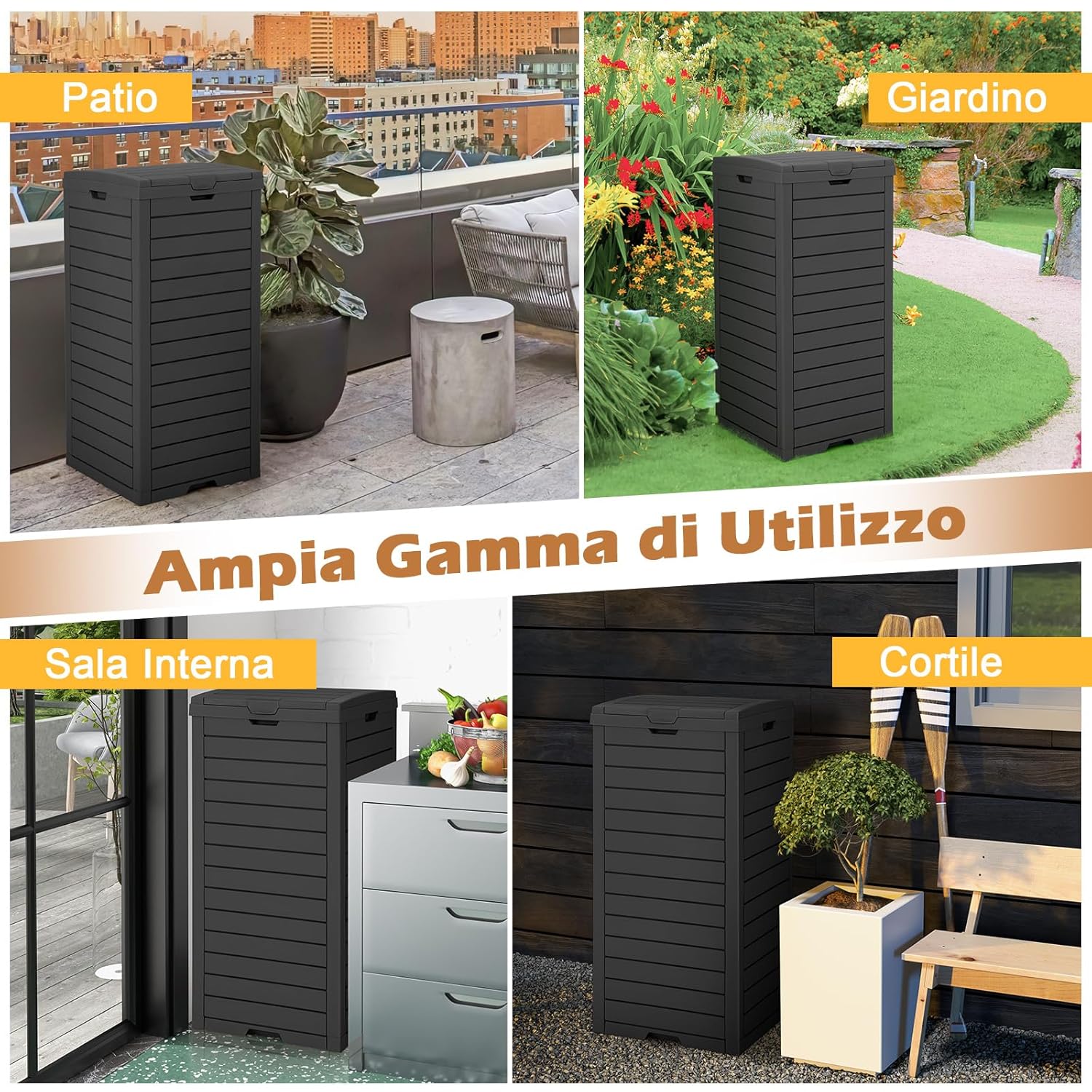 Pattumiera per Rifiuti Esterno e Interno 117,5 L, Contenitore per Raccolta Differenziata Impermeabile con Coperchio a Doppia Chiusura e Vassoio Estraibile per Liquidi (Nero)