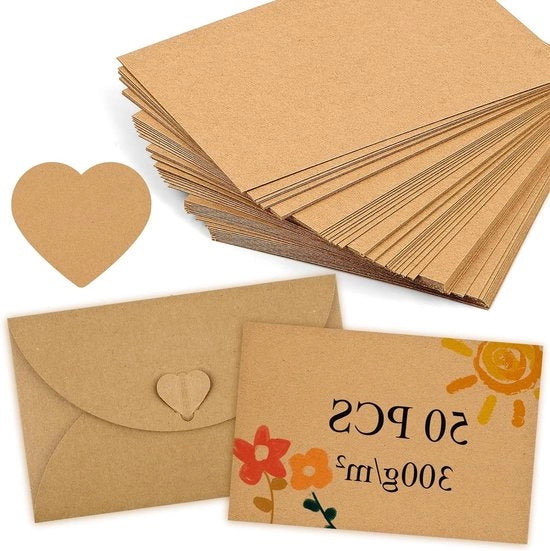 50 fogli di carta index A6 bianchi - 15 x 10 cm - con 5 buste di cartone marrone - 300 g/m² - per progetti di creatività e artigianato DIY e inviti