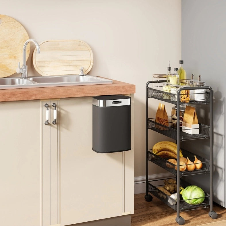 Pattumiera da cucina 21,5x19,5x30 cm nera con coperchio aperto, inox