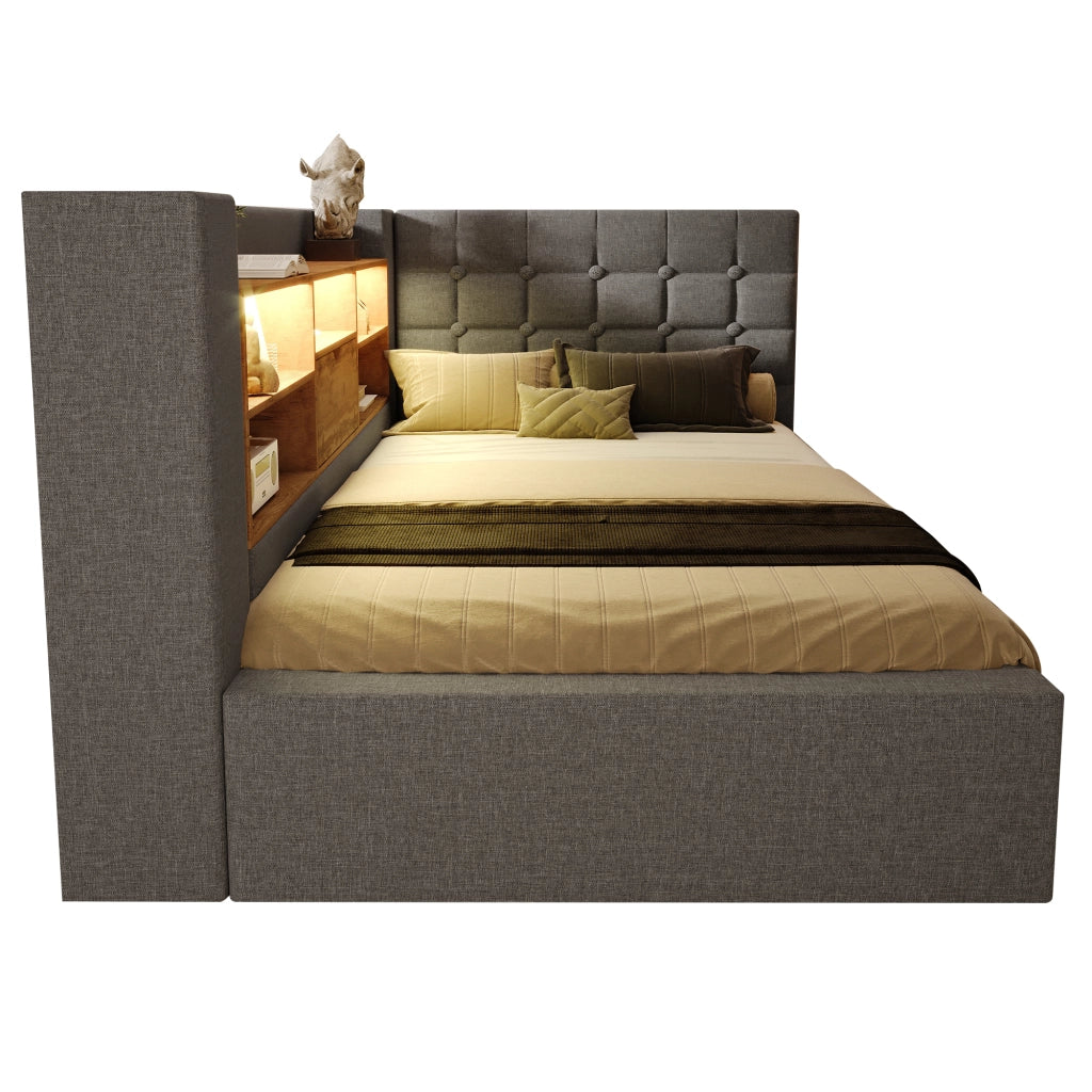 Letto singolo imbottito 90x190 cm con LED, contenitore idraulico, testiera L reversibile, grigio