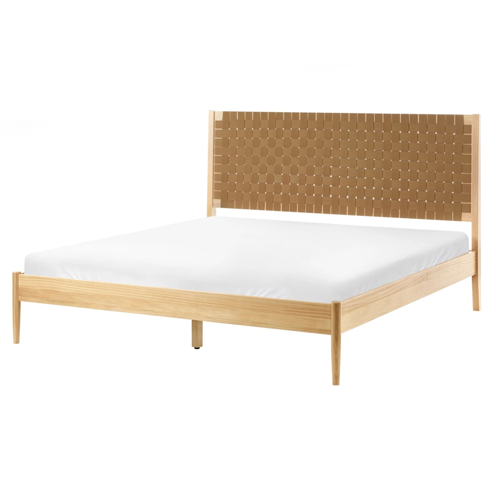 Letto minimalista con rete a doghe e testiera imbottita in legno di pino marrone chiaro 160 x 200 cm con base a doghe
